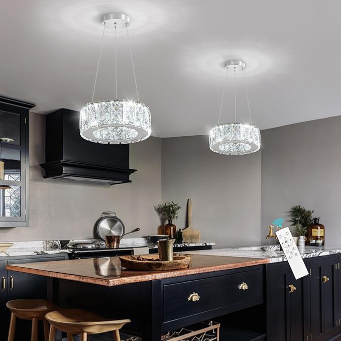 Modern Crystal Chandelier 8W Dimmable LED Crystal Pendant Light Fixtures Height Adjustable Round Chandeliers for Dining Room Hallway Bedroom Silver