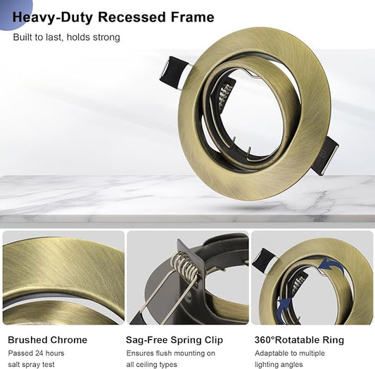 6 Pack Recessed Ceiling Downlight Fitting, Metal Downlight Frame for MR16 GU5.3 Bulbs, Adjustable Holder Applies to Artwork Cabinet, Antique Brass