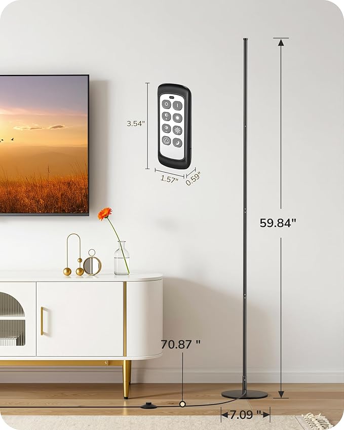 EDISHINE 59.8" Modern Floor Lamp, Minimalist Floor lamp with 3 Height Settings, 3 Color Temperature & Stepless Dimming, Remote Control, Foot Switch, Slim for Living Room, Black