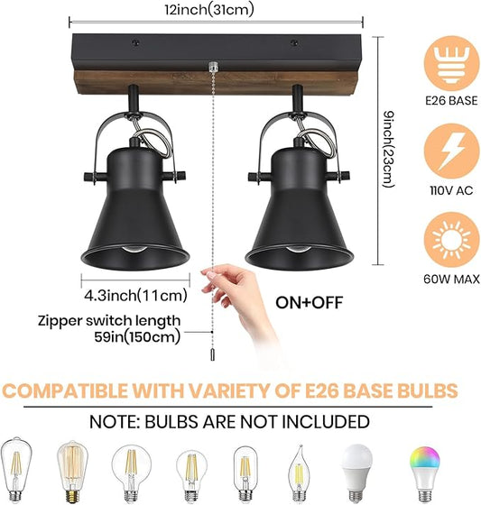 2 Light Kitchen Lighting fixtures Ceiling,Adjustable Ceiling Light with Pull Chain,Farmhouse Track Lighting fixtures Ceiling for Dining Room, Hallway,Bathroom.