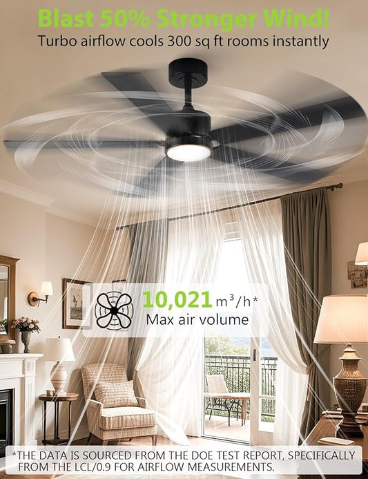 Black Ceiling Fans with Lights, 52 Inch Modern Ceiling Fan with Remote Outdoor Ceiling Fan for Bedroom, Living Room,High CFM Ceiling Fans with 3CCT LED Lights Kit, Quiet DC Motor, Timer