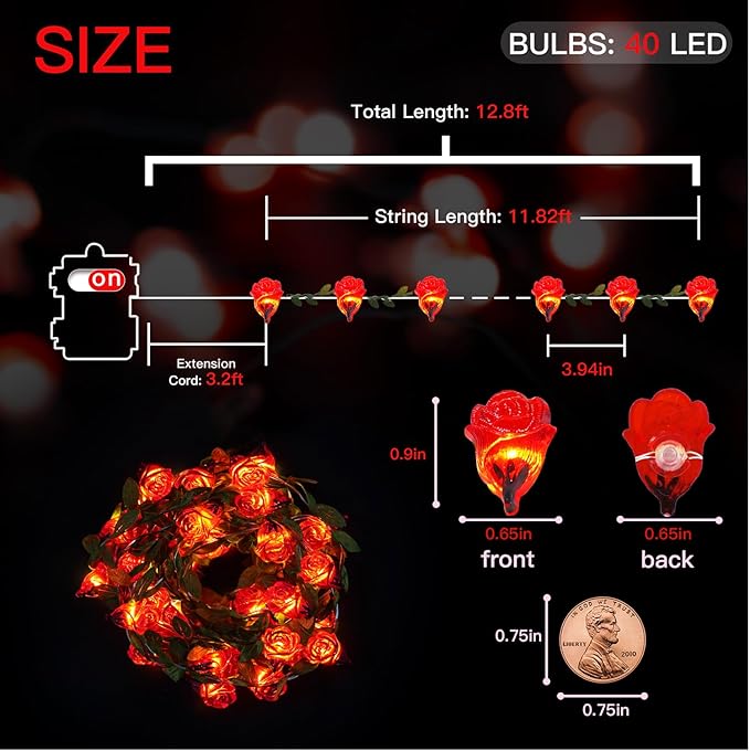 suddus 40 LED Fairy Lights Battery Powered,12.5ft Red Rose Flower String Lights with Remote,Valentine Lights for Wedding,Party,Bedroom,Porch,Table,Stairs,Dorm Decor