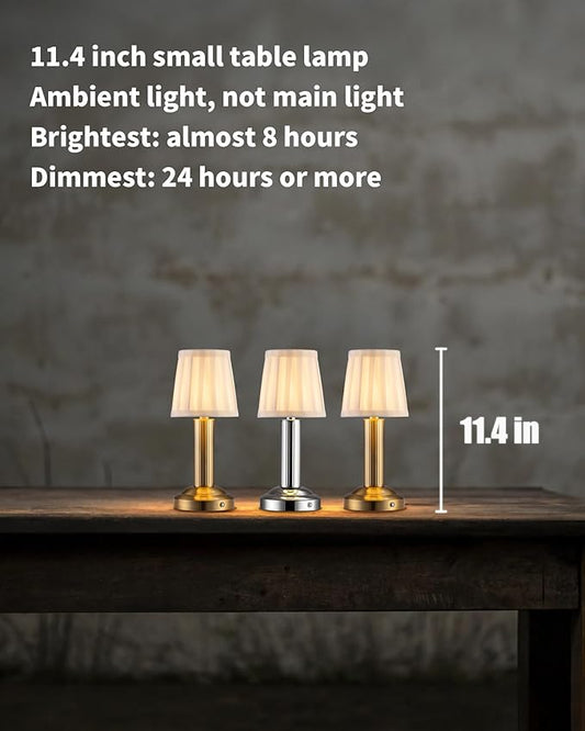 Small Cordless Table Lamp 2 Pack, 11.4" H Fabric Shade Touch Lamps, 4000mAh Rechargeable Battery Powered Lamp, Mini Bedside Lamp for Buffet, Dining Room, Bedroom, Bar (Silver)
