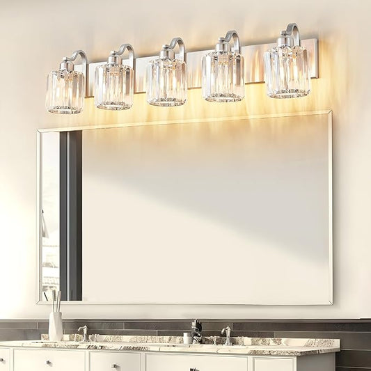 Modern Crystal Bathroom Vanity Light 5 Light Brushed Nickel Vanity Lighting Over Mirror Bathroom Wall Lighting Fixtures with Round Shade (Exclude Bulb)