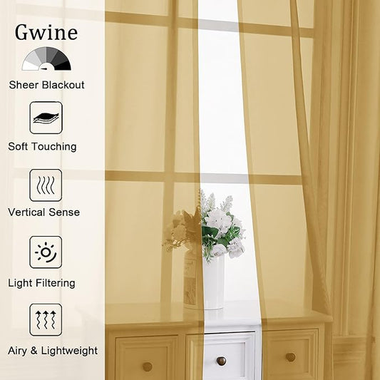 Gwine Gold Sheer Curtains 63 Inch Length for Living Room 2 Panels, Light Filtering Rod Pocket Window Curtain Treatment for Bedroom, Voile Elegant Sheer Drapes,Each 42" Wx63 L, Gold
