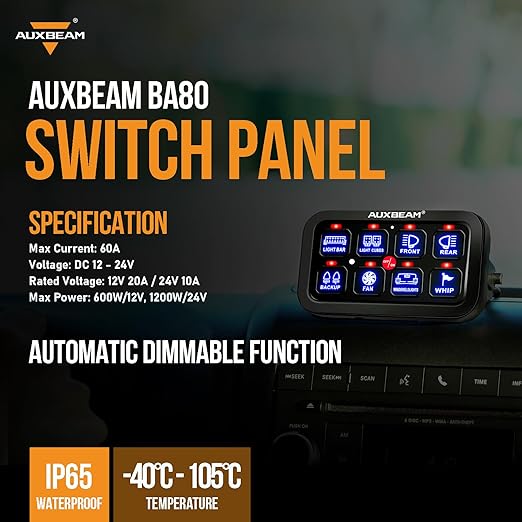 Auxbeam 8 Gang Switch Panel BA80 Automatic Dimmable LED Touch Control Panel Box Electronic Relay System Car Touch Switch Box Universal for Truck ATV UTV Boat Marine SUV Caravan -Blue, 3 Years Warranty