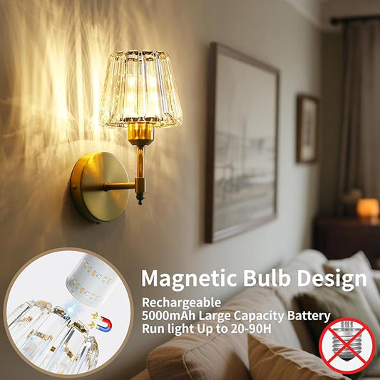 Battery Operated Crystal Wall Sconce Set of 2, Gold Rechargeable Wireless Wall Sconces with Remote Dimmable 12 Colors Modes Led Wall Lights, Wall Lamp for Bedroom Living Room Hallway, 2 Bulbs Included