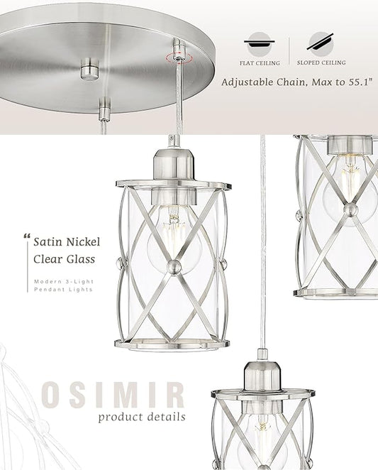 Brushed Nickel Dining Room Chandelier Light Fixture, 3-Light Pendant Lighting with Clear Glass, Modern Kitchen Island Cluster Hanging Pendant Lights for Sink, CH9176BN3