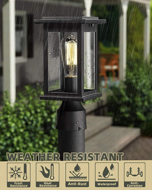 Outdoor Post Light Fixtures, HWH Exterior Pillar Lantern Pole Lamp in Matte Black Finish with Clear Glass Shade, 5HD37P BK