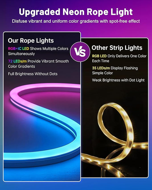 Neon Rope Lights, 16.4ft Smart RGB+IC LED Strip Lights with App & Remote Control, IP67 Waterproof Flexible Neon String Lights for Bedroom, Music Sync, DIY Multiple Modes for Wall Gaming Christmas Home
