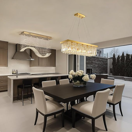 Siljoy 6-Light Modern Crystal Chandelier Rectangular Gold K9 Crystal Raindrop Chandelier for Dining Room, Luxury Adjustable Ceiling Pendant Light for Living Room Kitchen Island L31.5'' x W10'' x H10''