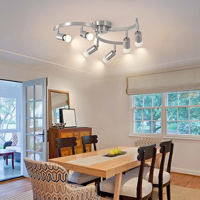 6 Light Track Lighting Fixtures Ceiling, Flexibly Rotatable Light Heads, Nickel Semi Flush Mount Ceiling Light for Kitchen Dining Room Living Room.Gu10 Bulb Base.