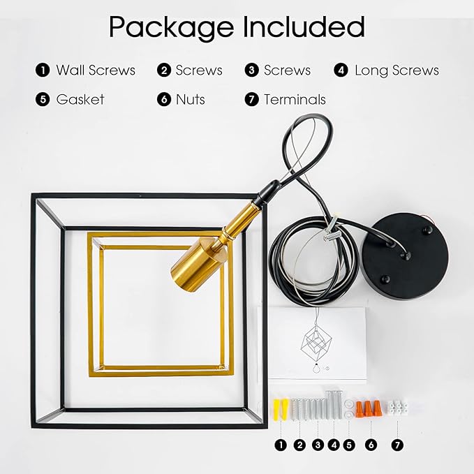 Modern Geometric Chandelier, 1-Light Metal Pendant Light Fixture Black Brass Hanging Ceiling Light Industrial Farmhouse Cube Lighting for Kitchen Island Entryway, E26 Base