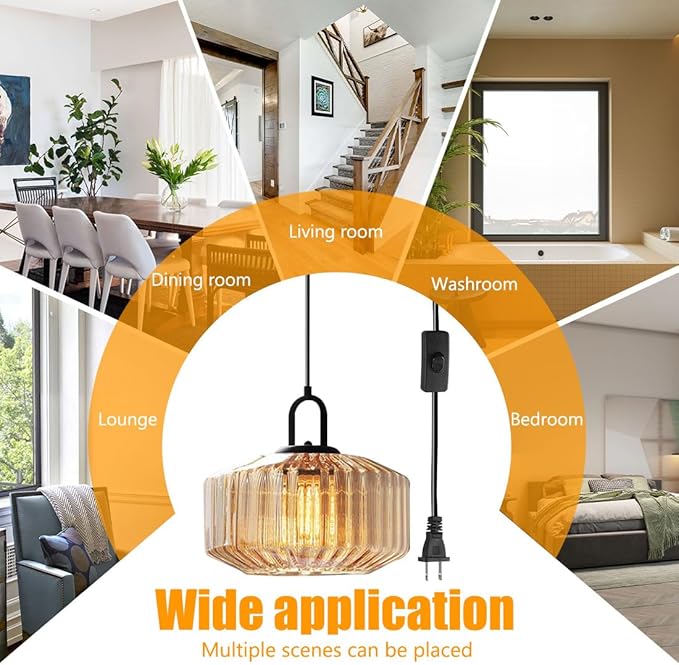 Plug in Pendant Lights - Amber Glass Stripe Lamp Shade, Large Globe Hanging Lamp Mid Century Hanging Lamp with 14.7 ft Plug in Cord Swag Style, Plug in Light Fixture for Living Room