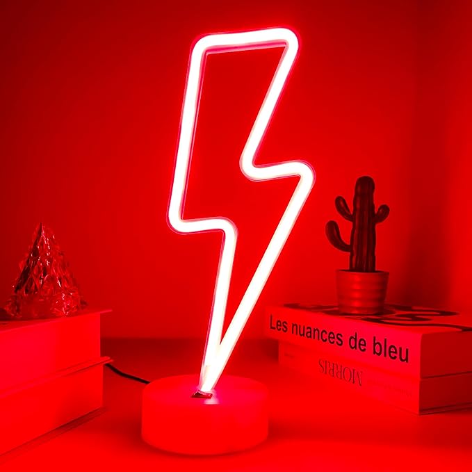 Lightning Bolt Neon Signs Red Lightning Neon Sign Light for Bedroom, USB/Battery Operated Thunder Lamp Neon Sign, Stand Lightning Shape LED Sign Decor for Shelf Desk Table Game Room Man Cave