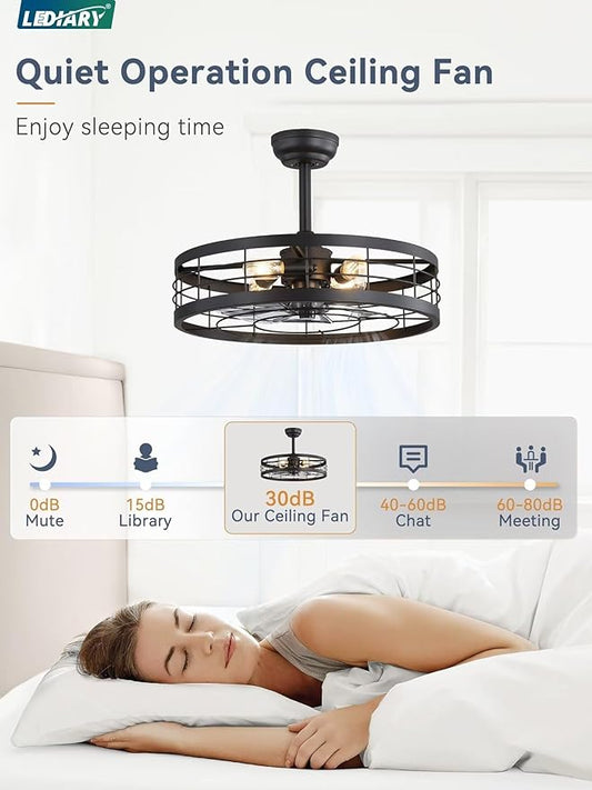 LEDIARY 22 inch Black Caged Ceiling Fan with Light, Bladeless Industrial Ceiling Fan with Remote, Farmhouse Fan Lights Ceiling Fixtures for Kitchen, Bedroom, Outdoor(6 Speed, Timing)-Black