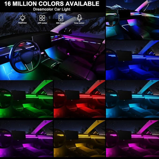 Dreamcolor Acrylic Interior Car LED Strip Light with Wireless APP, RGB 10 in 1 with 175 inches 593 Neon Car Ambient Lighting Kits, Dynamic Chasing Music Sync LEDs Fiber Optic Strip Lights for Car