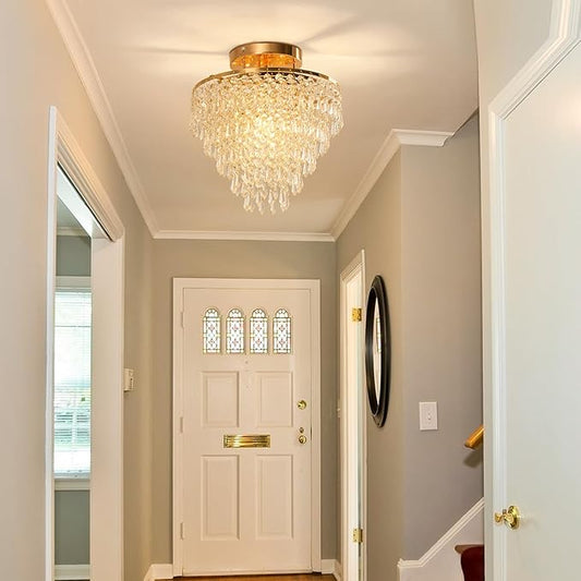 FRIXCHUR 11.8" Crystal Chandelier Gold Flush Mount Ceiling Light 5 Tiers Raindrops Crystals Pendant Lighting Fixture for Bedroom Hallway Living Room E26 Base