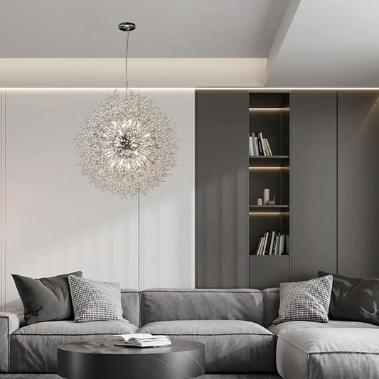 Large Sputnik Chandelier, Round Firework Hanging Lamp, Dandelion Farmhouse 24-Light, Modern Crystal Pendant Light Fixture for Living Room Kitchen Island Bedroom Dining Room (Chrome, D39.3inch)