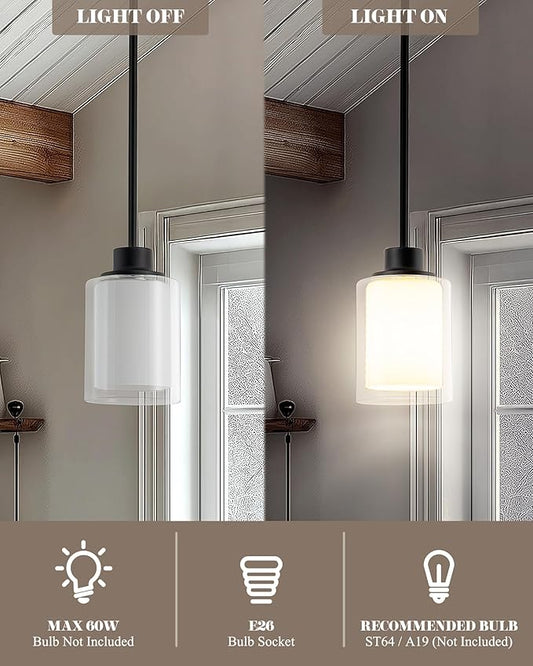 1-Light Mini Pendant Light Fixtures, 3-Pack Modern Hanging Ceiling Lighting, Adjustable Height, Black Pendant Lamp with Dual Glass for Kitchen Island Bedroom
