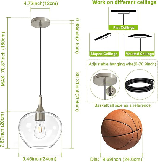 Glass Pendant Lights Kitchen Island, 9.45'' Brushed Nickel Pendant Lighting Fixtures, Modern Hanging Ceiling Light with Clear Glass Shade for Farmhouse Dining Room Bedroom Hallway(1 Pack)
