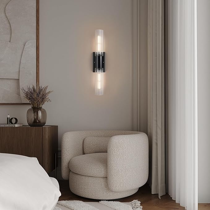 21" Bathroom Vanity Sconces Set of 2, Black Hardwired Wall Sconces Set of Two with Threaded Glass Shade, Modern Up Down Wall Decor Set of 2 for Bathroom Living Room Bedroom Hallway-Bulb Not Included 