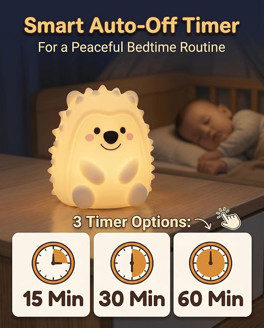 Hedgehog Night Light for Kids, 15/30/60m Timer Squishy Silicone Baby Lamp, Remote & Touch 8-Color BPA-Free Rechargeable Nursery Light for Breastfeeding Bedside Sleep Buddy Decor Gift