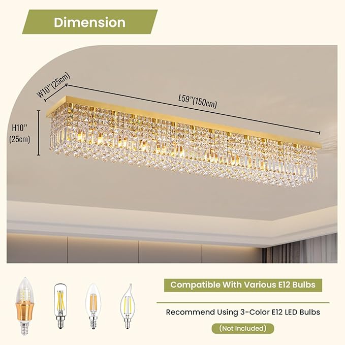 Siljoy 13-Light Modern Crystal Chandelier, Large Rectangular Gold K9 Crystal Raindrop Chandelier, Dimmable Flush Mount Crystal Ceiling Light for Dining Room Living Room Kitchen Island L59''