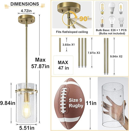 1 Pack Seeded Glass Pendant Lights Kitchen Island, Hanging Modern Pendant Light Fixtures, 5.5" Matte Gold Pendant Lighting Island Lights for Kitchen Over Sink Entryway Hallway