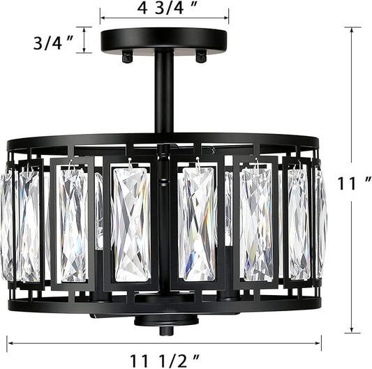 Modern Crystal Semi Flush Mount Ceiling Light Black Close to Ceiling Light Fixtures,3-Light Ceiling Light for Dining Room Bedroom Kitchen Island Hallway Entryway