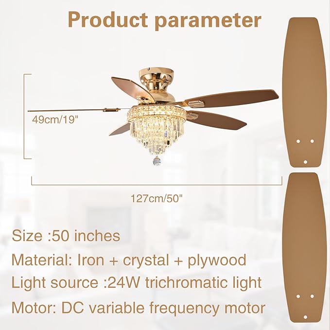Crystal Ceiling Fan Fandelier with Lights-Ceiling Fans with Lights,50" Low Profile and Remote Control, Flush Mount, Reversible, Dimmable, Noiseless,Ceiling Fan for Bedroom(Gold)