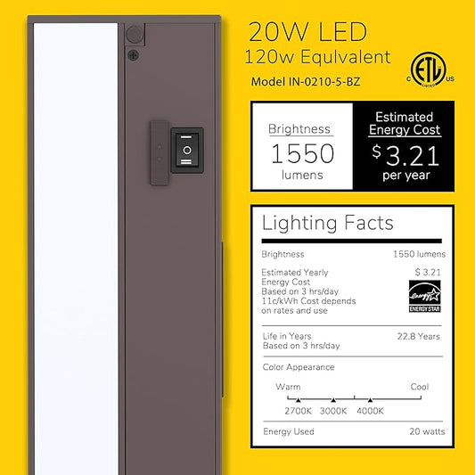 Getinlight 40-inch 3 Color Levels LED Under Cabinet Lighting, Hardwired or Plugged-in, Selectable White 2700K/3000K/4000K, Dimmable, Bronze Finished, IN-0210-5-BZ