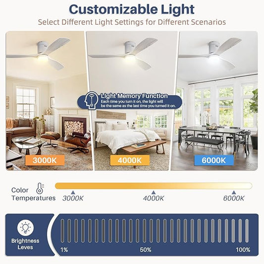 CACI Mall 52 Inch Wood Flush Mount Ceiling Fan with Lights, 3 Blades, Low Profile, Modern, 3CCT, Dimmable, Noiseless, Remote Contral, Outdoor Indoor Ceiling Fans for Bedroom/Farmhouse/Patio