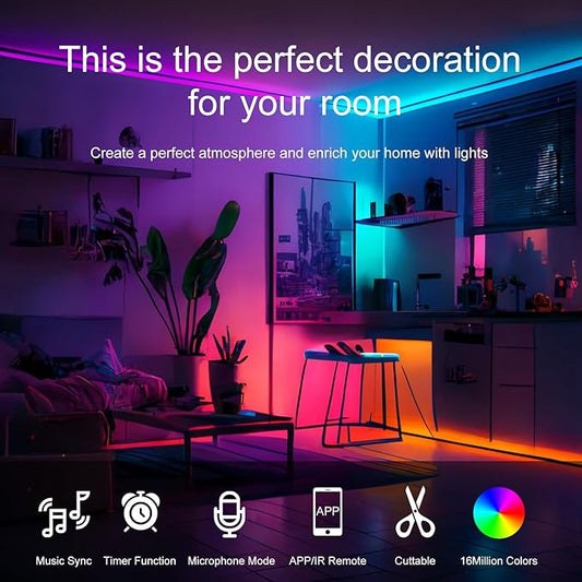100 FT LED Lights For Bedroom,With 44 Key Infrared Remote Control And Bluetooth Application Smart LED Strip Lights, Music Synchronous Color Changing Light Strip, Used For Room Kitchen Party Decoration