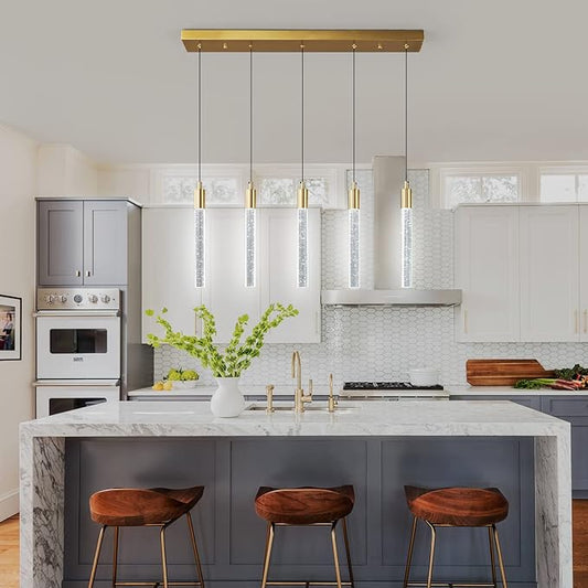 Kitchen Island Lighting Modern Light Fixture Gold Pendant Light Dimmable LED Brass Finish Mini Crystal Pendant Lights for Dining Room Living Room(5-Light)