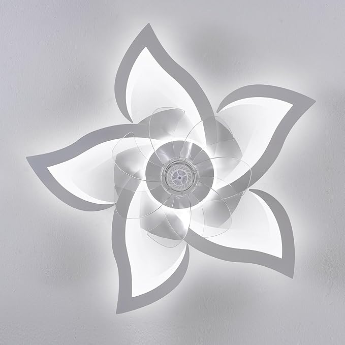 White Flower Modern CeilingFans with Lights, Low Profile Ceiling Fan with Remote for Bedroom, Flush Mount Ceiling Fan with LED Dimmable Light,3-Colors, 6-Speeds, Timing CeilingFan Light