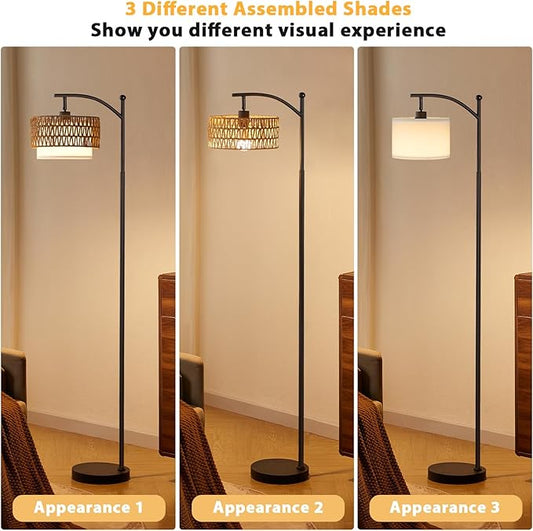 Ambimall Arc Floor Lamp for Living Room with Remote, Boho Standing Lamp with Rattan & Linen Shades, Color Temperature & Dimmable Bulb, Farmhouse Tall lamp for Bedroom, Office(Black)