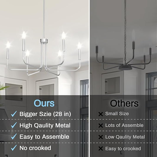 DORESshop Modern Chandelier for Dining Room, 6-Light 28" Chrome Farmhouse Chandelier for Dining Room, Dining Light Fixtures Over Table for Bedroom Hall Kitchen Living Room