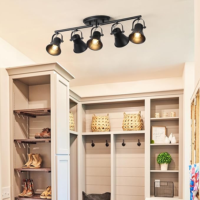 5-Light Track Lighting Kit, Directional Ceiling Light, Industrial Black Kitchen Track Lighting Fixtures Ceiling for Kitchen, Living Room, Dining Room, Hallway.
