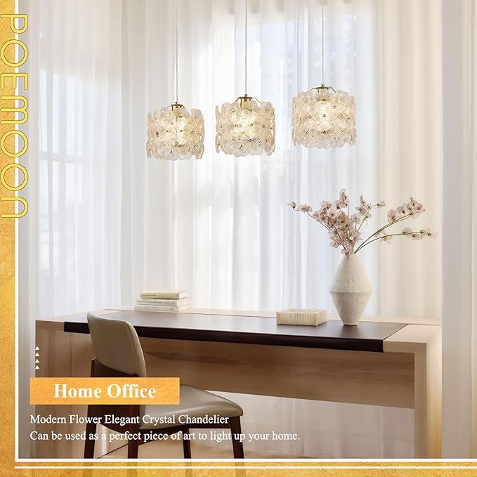 3-Lights Flower Glass Pendant Light for Kitchen Island Modern Gold Linear Chandelier Adjustable Ceiling Pendant Lighting for Bar Dining Room Living Room