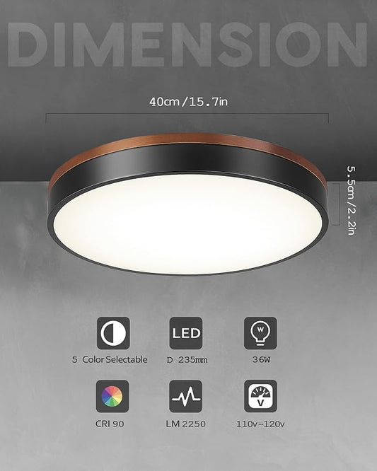 Ken & Ricky 16 Inch Wood Flush Mount Ceiling Light,Modern Led Ceiling Light Fixtures Ceiling Mount, 24W 3000K-6500K Color Dimmable for Bedroom Kitchen Bathroom Hallway 1PK