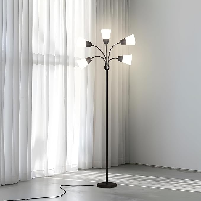 Brightech Medusa Modern LED Floor Lamp – Multi Head Floor Lamp for Living Rooms & Offices – Tall Lamp with Interchangeable Shade, Standing Lamp with 5 LED Bulbs for Hobbies - Black