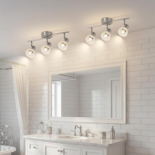 3-Light Nickel-Finish Track Lighting Fixture with Adjustable Directional Heads and Frosted Glass Shades – Ideal for Kitchen, Hallway, Living Room & Bathroom Vanity Lighting (Bulbs Not Included)
