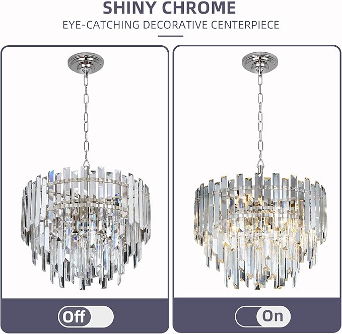 Chrome Modern Top K9 Crystal Chandelier Lighting Fixture, 6 Lights Round K9 Crystal Adjustable Hanging Lamp for Dining Room Bedroom Living Room,Hallway,Bar,Kitchen W17.6