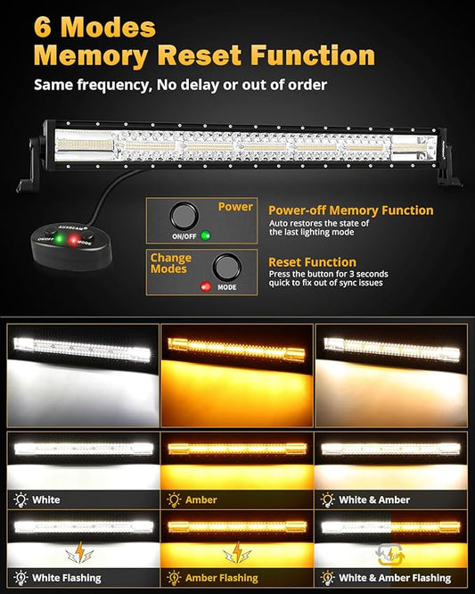 Auxbeam 6 Modes Amber White Series, 30 Inch 180W LED Light Bar Dual Color Flash Strobe Light, Spot Flood Combo Emergency Off-Road Lighting, for Trucks, Jeeps, ATV, UTV, SUV, Cars, Boats