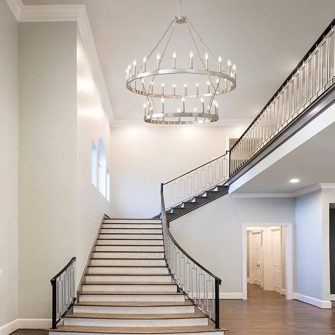 HHR 2 Tier Wagon Wheel Chandelier 36-Light 48 Inch, Extra Large Nickel Round Rustic Candle Farmhouse Pendant Light Fixture for High Ceilings, Dining Room Living Room Office E12