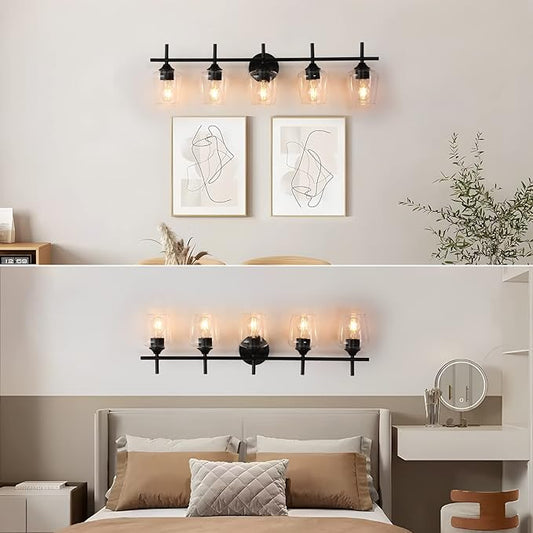 Bathroom Light Fixtures 5-Light Black Vanity Light with Clear Glass Shade, Modern Wall Lights for Bedroom Hallway Living Room (Black, 5-Light)