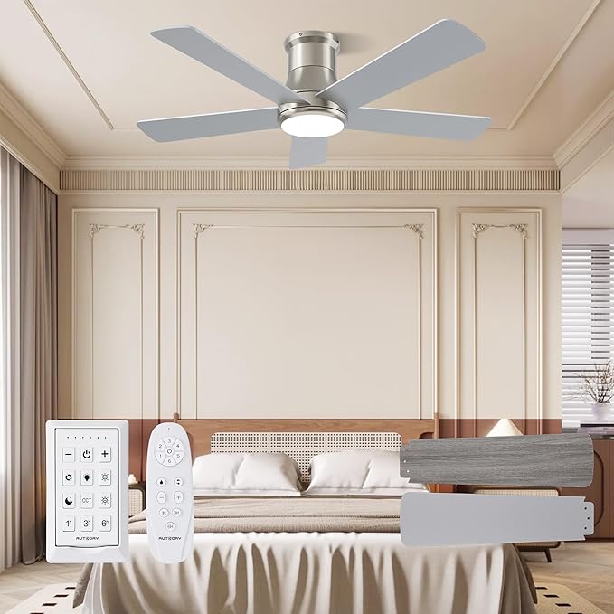42 Inch Low Profile Ceiling Fan with Light, Burshed Nickel Ceiling Fans with Lights and Remote, Flush Mount, 6 Speeds Quiet DC, 3CCT Dimmable, Indoor Outdoor Ceiling Fans for Patios Bedroom