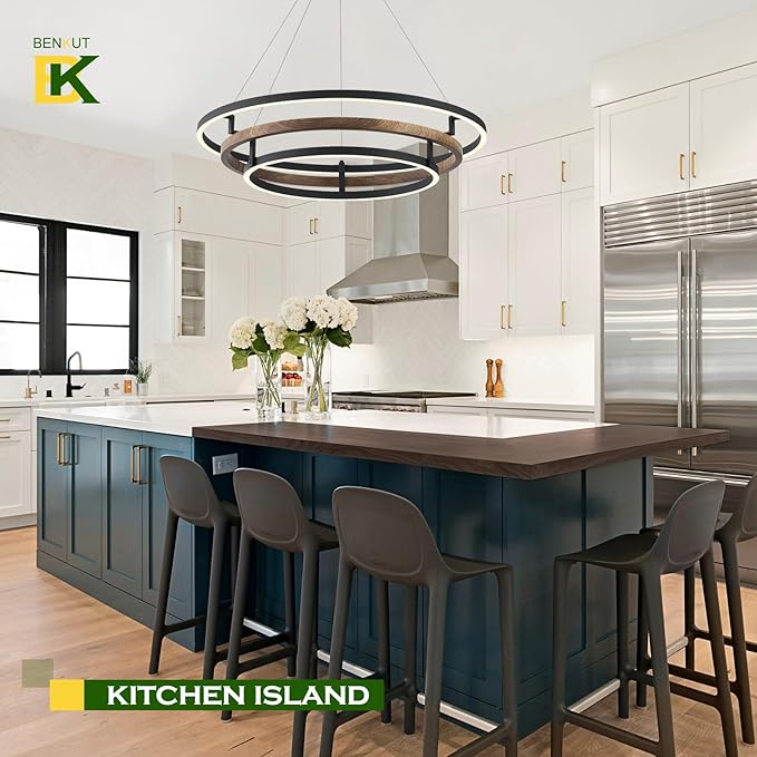 Benkut 3 Rings Modern LED Chandelier Black Dimmable Circular Pendant Light for Dining Room, Foyer Chandelier with Remote Control Flush Mount High Ceiling Light for Kitchen Living Room, D30.7In