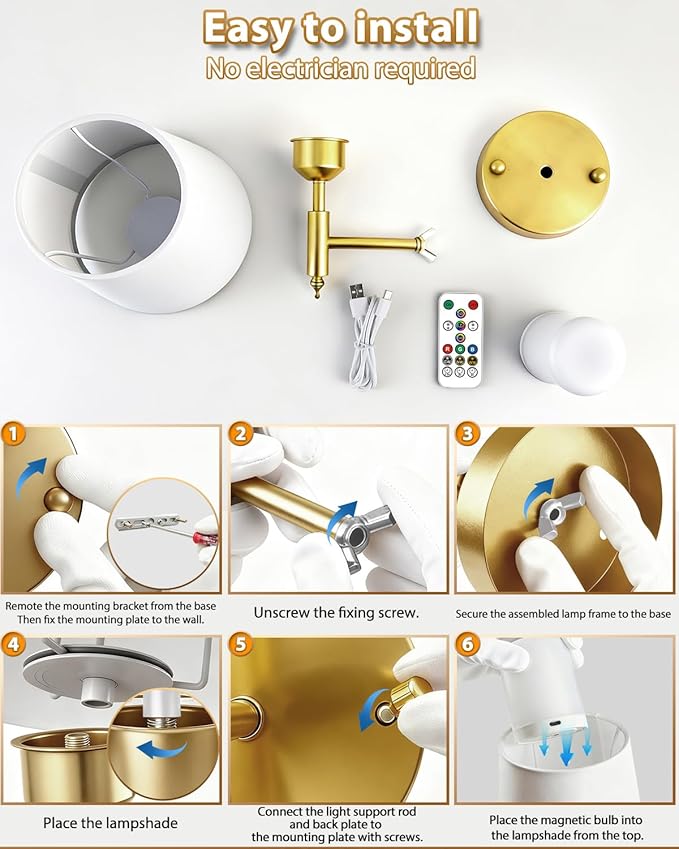 Adetu Battery Operated Wall Sconces Set of Two, Gold Rechargeable Wall Lights with 10000mAh RGB Rechargeable Magnetic Bulb, Battery Wall Sconce with Remote Control for Bedroom Decor